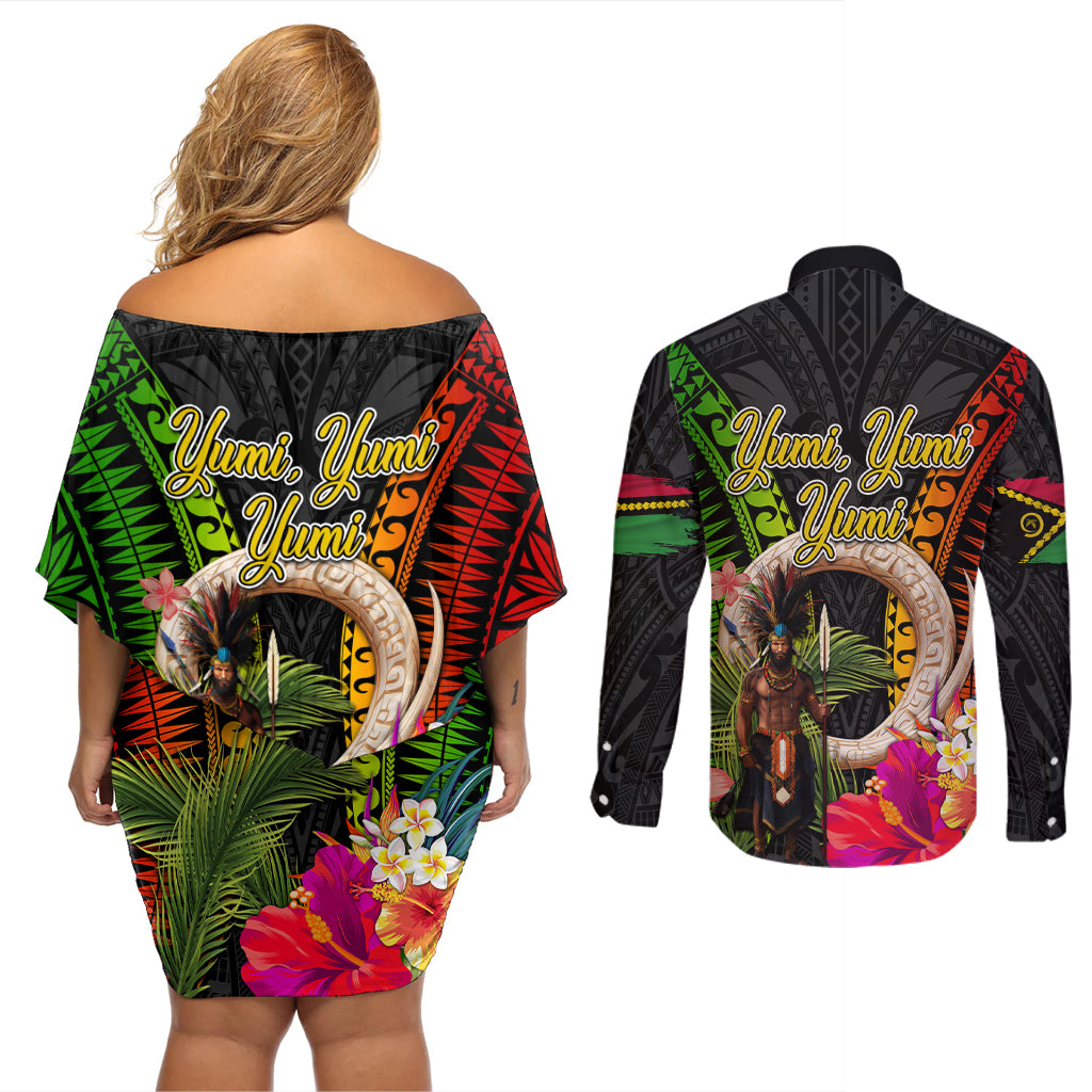 Vanuatu Independence Day Couples Matching Off Shoulder Short Dress and Long Sleeve Button Shirt Boars Tusk and Melanesian Warrior Indipendens Dei
