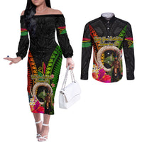 Vanuatu Independence Day Couples Matching Off The Shoulder Long Sleeve Dress and Long Sleeve Button Shirt Boars Tusk and Melanesian Warrior Indipendens Dei