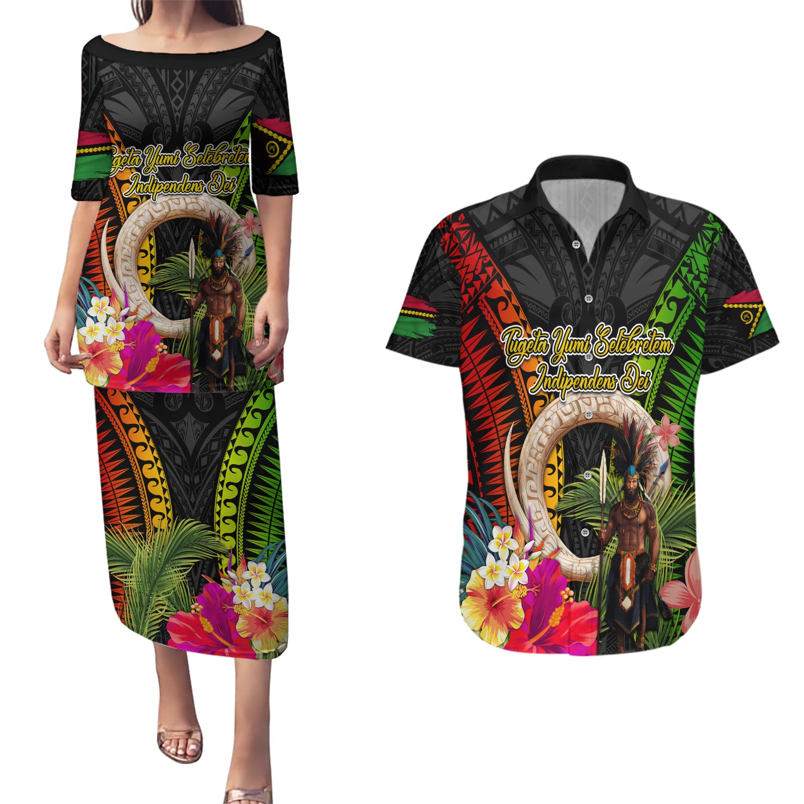 Vanuatu Independence Day Couples Matching Puletasi and Hawaiian Shirt Boars Tusk and Melanesian Warrior Indipendens Dei