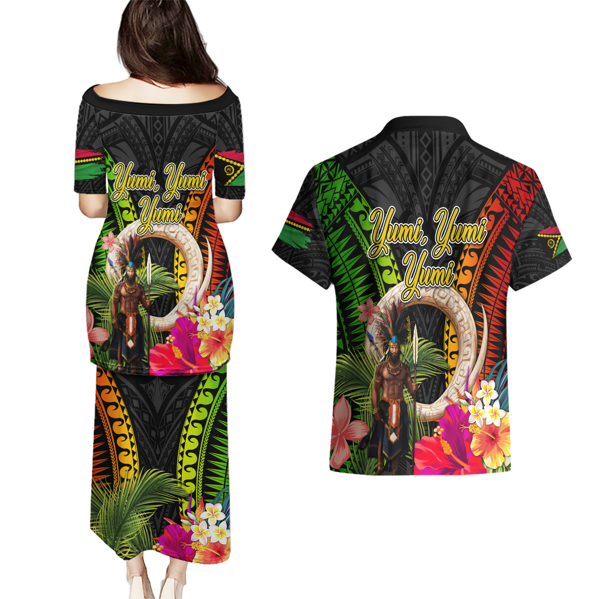 Vanuatu Independence Day Couples Matching Puletasi and Hawaiian Shirt Boars Tusk and Melanesian Warrior Indipendens Dei