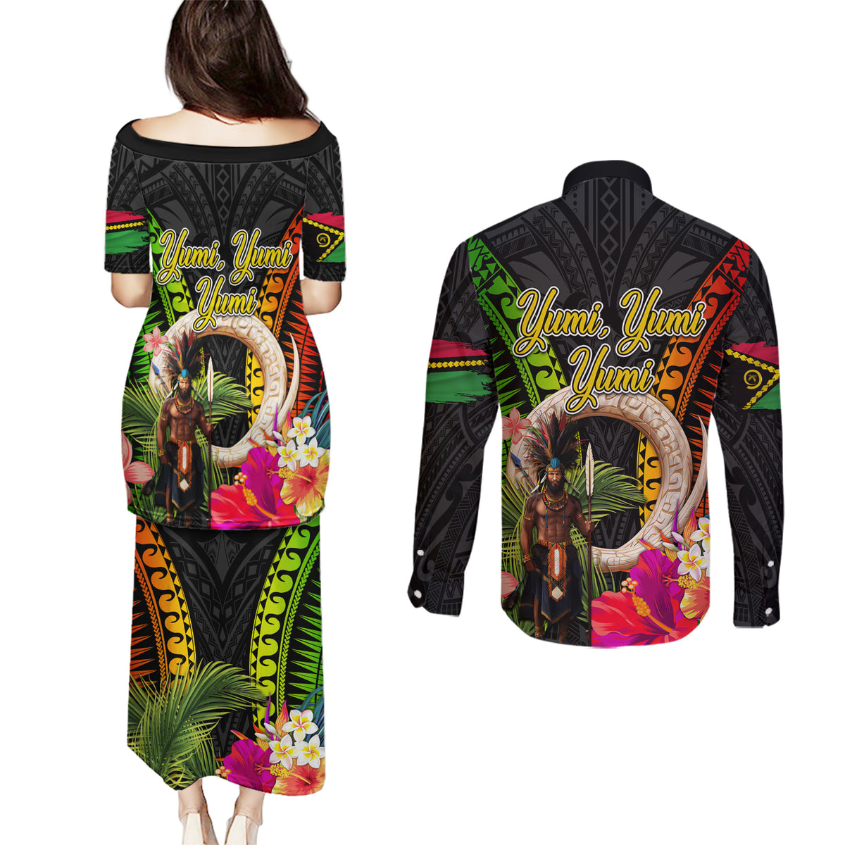 Vanuatu Independence Day Couples Matching Puletasi and Long Sleeve Button Shirt Boars Tusk and Melanesian Warrior Indipendens Dei