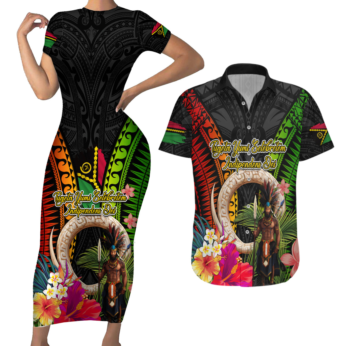 Vanuatu Independence Day Couples Matching Short Sleeve Bodycon Dress and Hawaiian Shirt Boars Tusk and Melanesian Warrior Indipendens Dei LT03 Black - Polynesian Pride