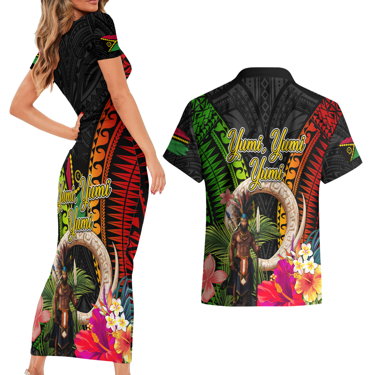 Vanuatu Independence Day Couples Matching Short Sleeve Bodycon Dress and Hawaiian Shirt Boars Tusk and Melanesian Warrior Indipendens Dei LT03 - Polynesian Pride