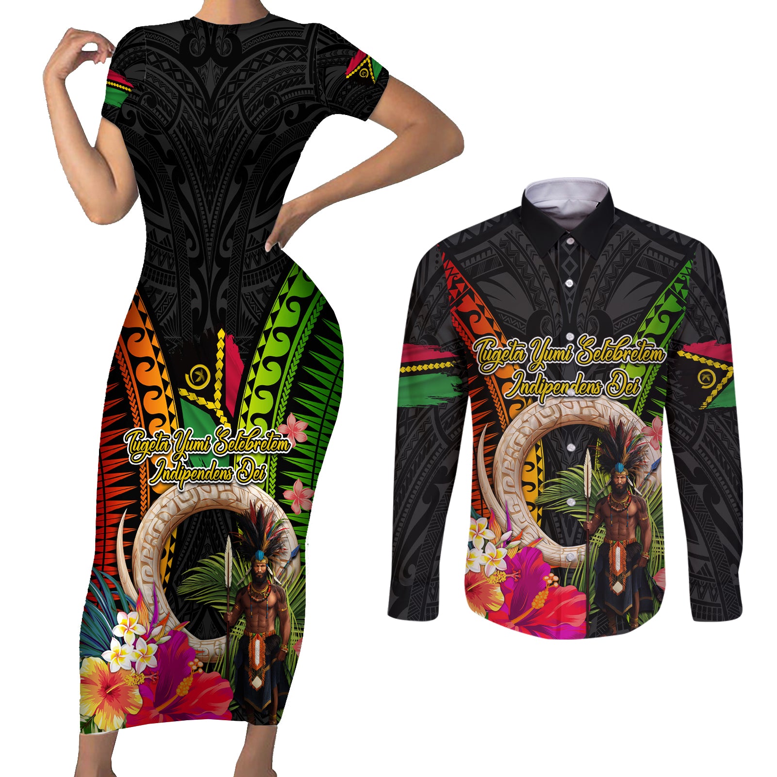 Vanuatu Independence Day Couples Matching Short Sleeve Bodycon Dress and Long Sleeve Button Shirt Boars Tusk and Melanesian Warrior Indipendens Dei