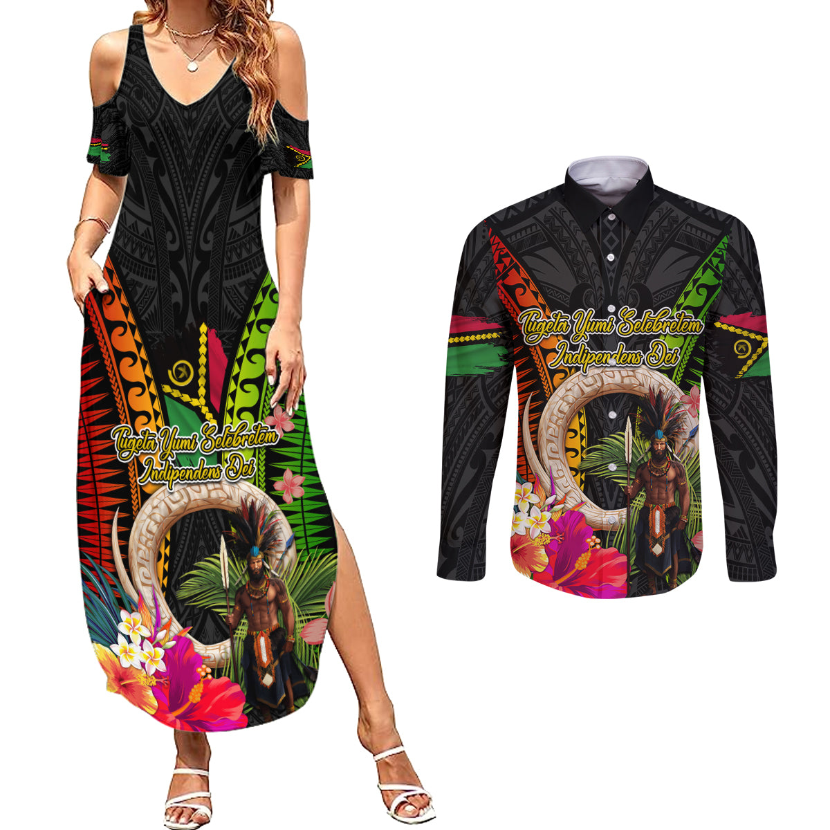 Vanuatu Independence Day Couples Matching Summer Maxi Dress and Long Sleeve Button Shirt Boars Tusk and Melanesian Warrior Indipendens Dei