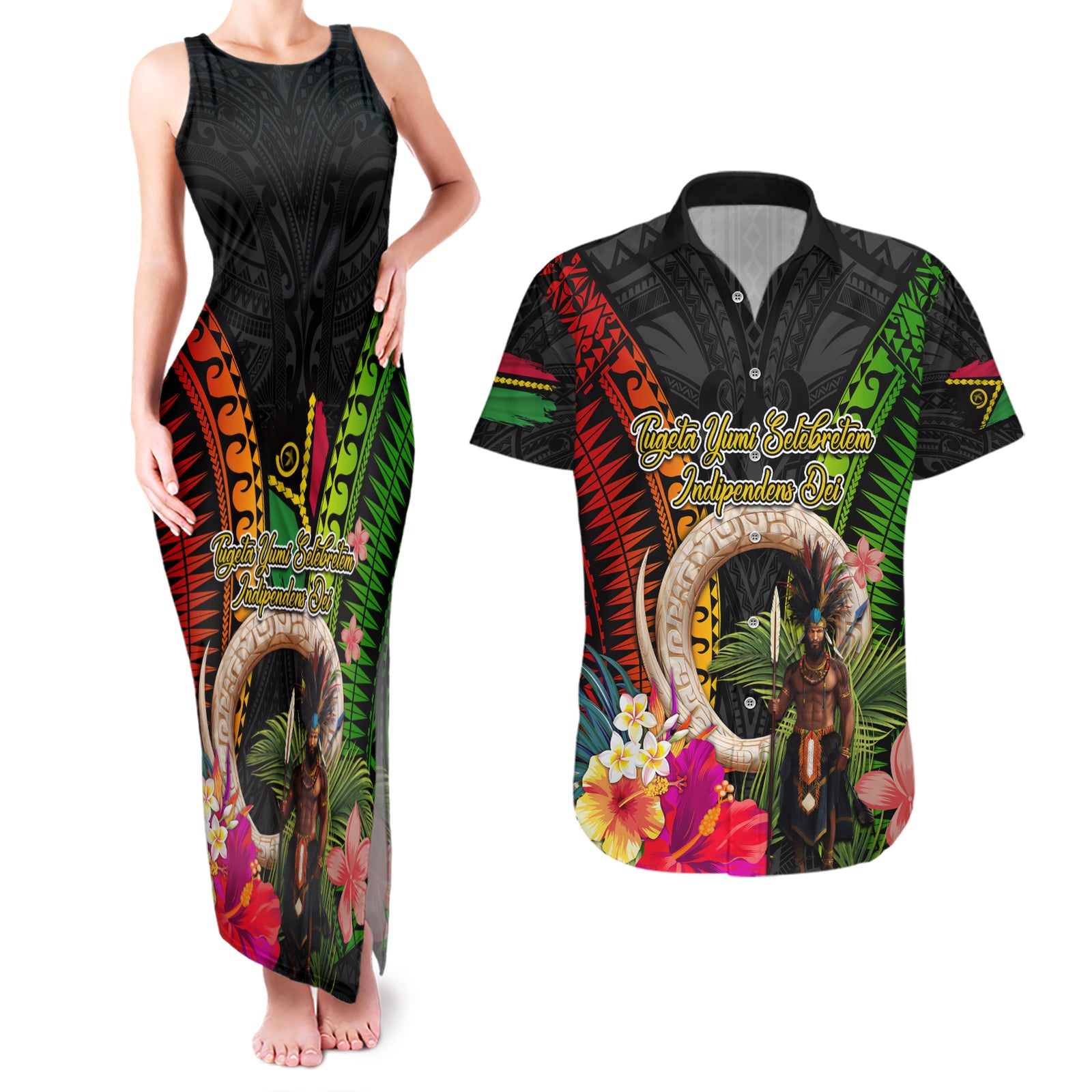 Vanuatu Independence Day Couples Matching Tank Maxi Dress and Hawaiian Shirt Boars Tusk and Melanesian Warrior Indipendens Dei