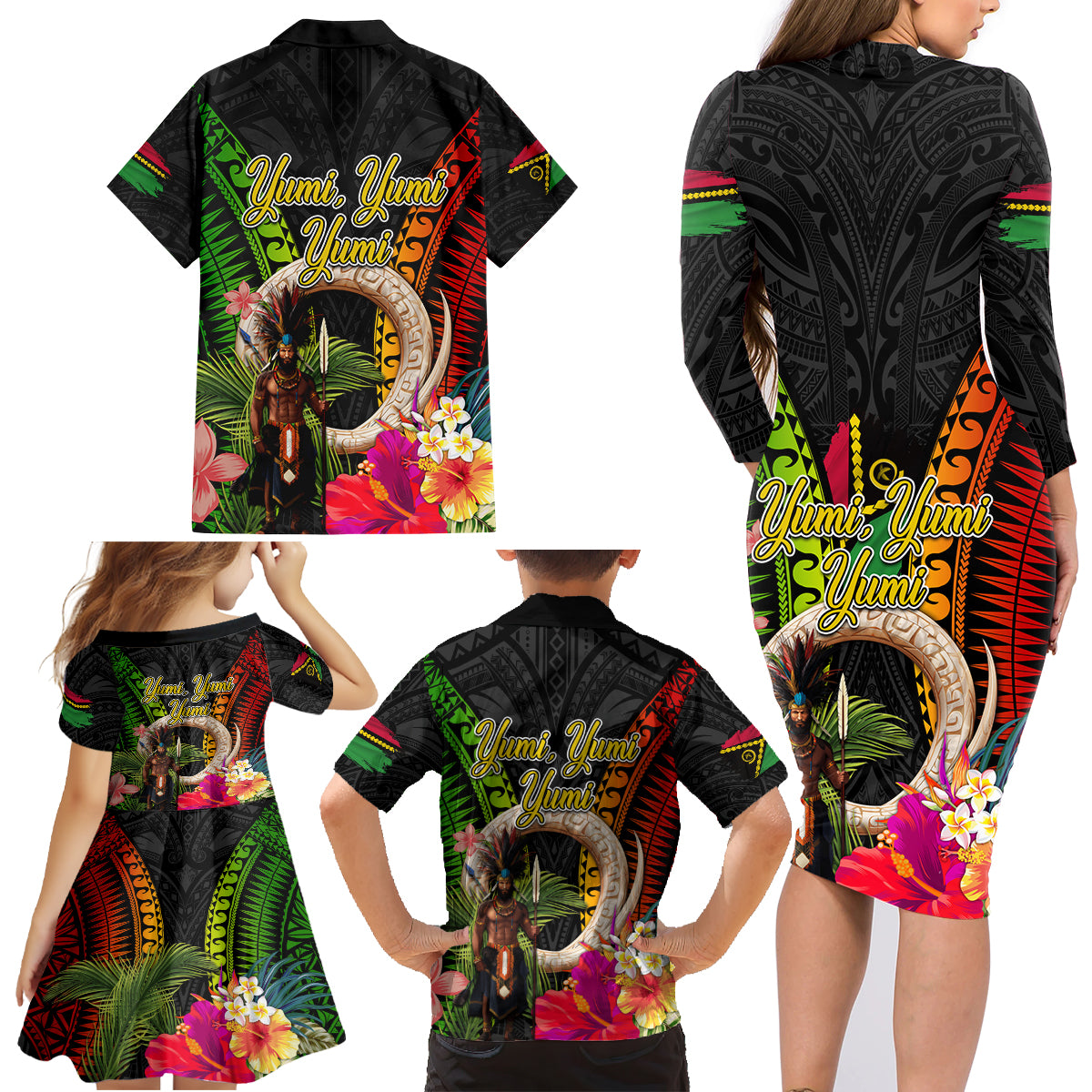 Vanuatu Independence Day Family Matching Long Sleeve Bodycon Dress and Hawaiian Shirt Boars Tusk and Melanesian Warrior Indipendens Dei LT03 - Polynesian Pride