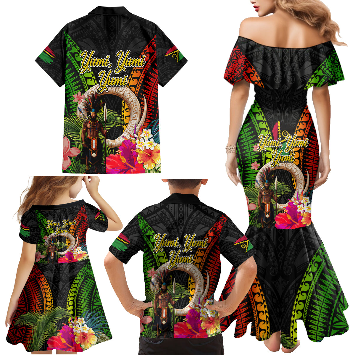 Vanuatu Independence Day Family Matching Mermaid Dress and Hawaiian Shirt Boars Tusk and Melanesian Warrior Indipendens Dei