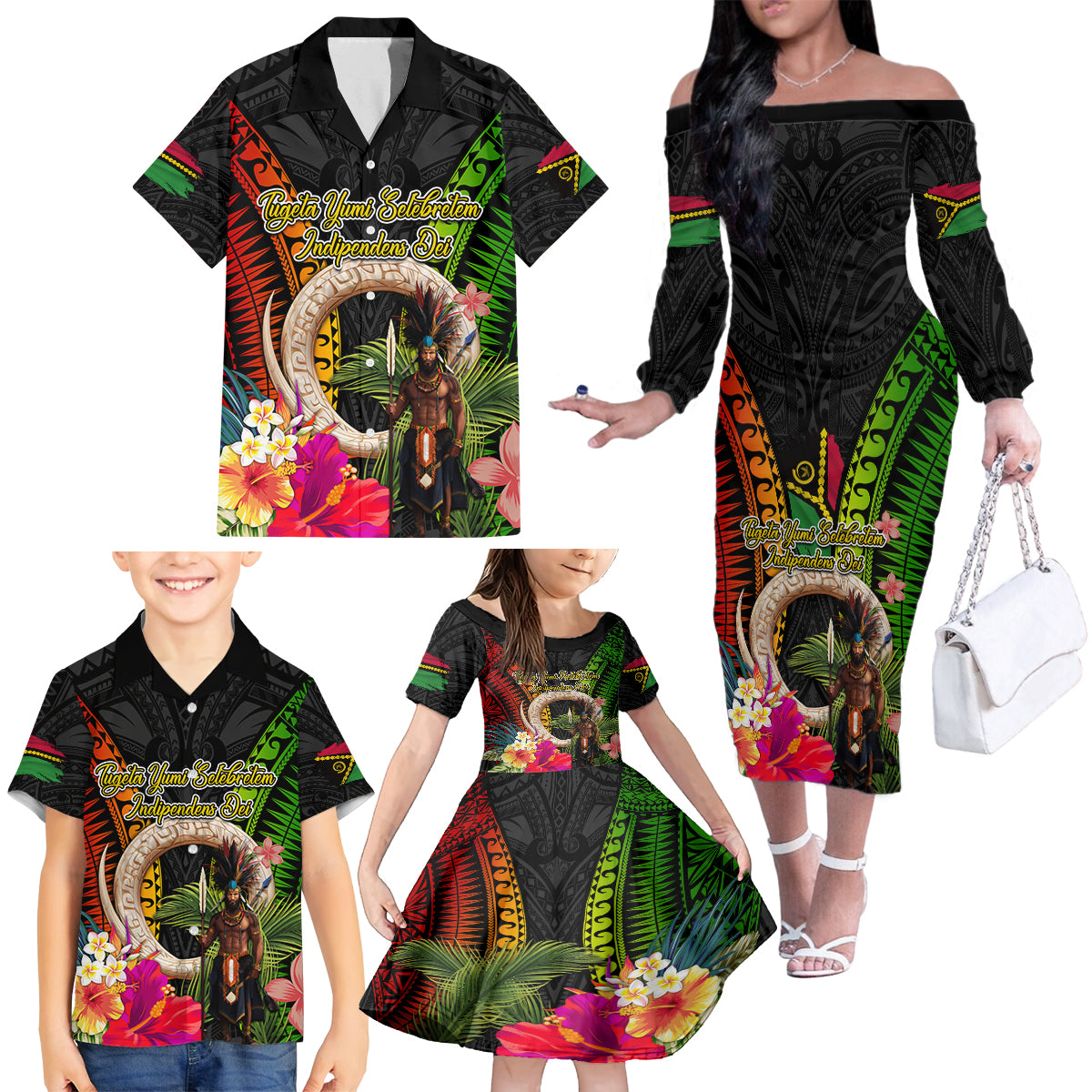 Vanuatu Independence Day Family Matching Off The Shoulder Long Sleeve Dress and Hawaiian Shirt Boars Tusk and Melanesian Warrior Indipendens Dei LT03 - Polynesian Pride