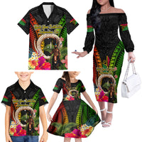 Vanuatu Independence Day Family Matching Off The Shoulder Long Sleeve Dress and Hawaiian Shirt Boars Tusk and Melanesian Warrior Indipendens Dei LT03 - Polynesian Pride