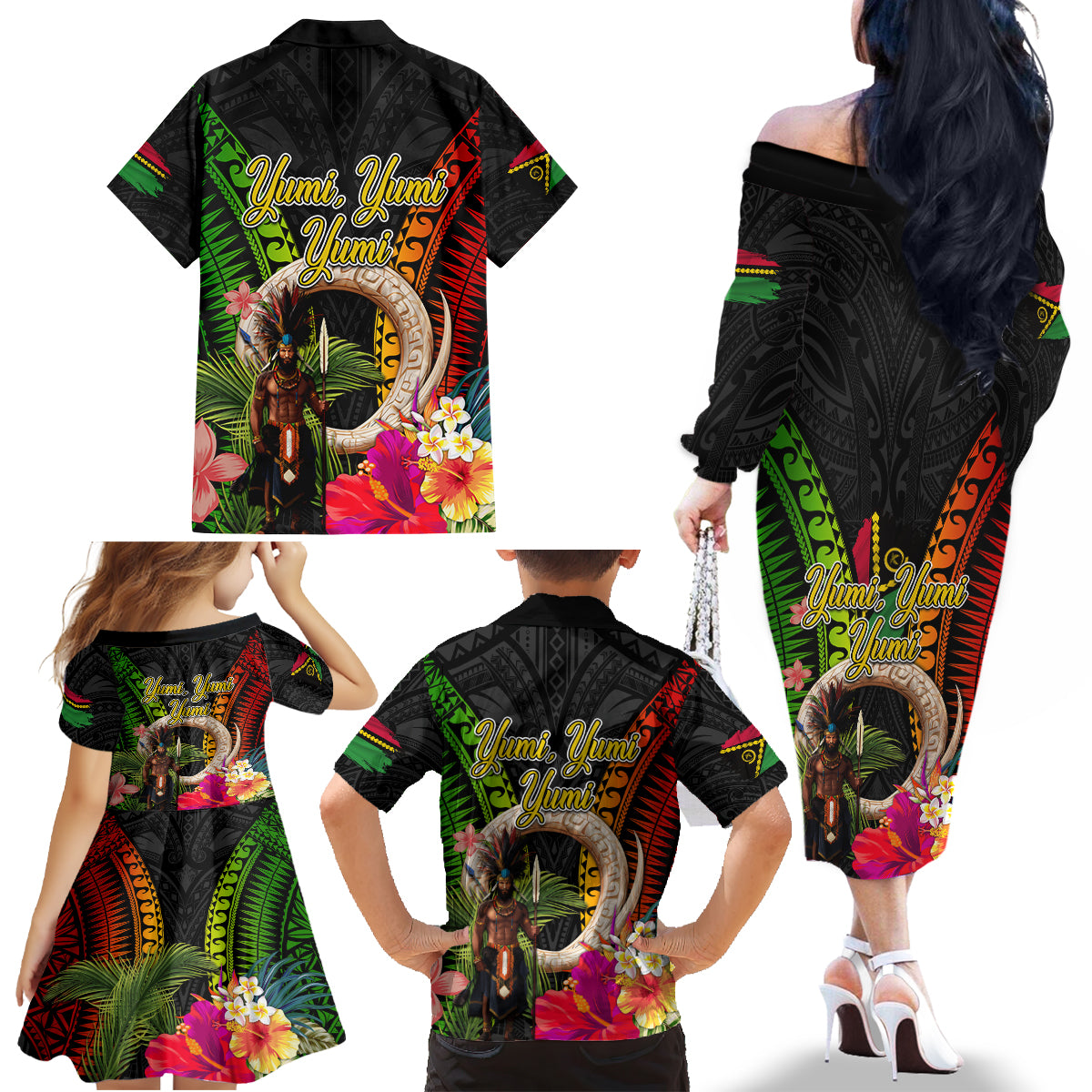 Vanuatu Independence Day Family Matching Off The Shoulder Long Sleeve Dress and Hawaiian Shirt Boars Tusk and Melanesian Warrior Indipendens Dei LT03 - Polynesian Pride