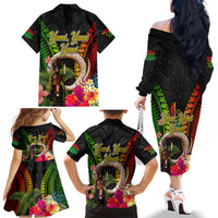 Vanuatu Independence Day Family Matching Off The Shoulder Long Sleeve Dress and Hawaiian Shirt Boars Tusk and Melanesian Warrior Indipendens Dei LT03 - Polynesian Pride