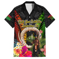 Vanuatu Independence Day Family Matching Off The Shoulder Long Sleeve Dress and Hawaiian Shirt Boars Tusk and Melanesian Warrior Indipendens Dei LT03 Dad's Shirt - Short Sleeve Black - Polynesian Pride
