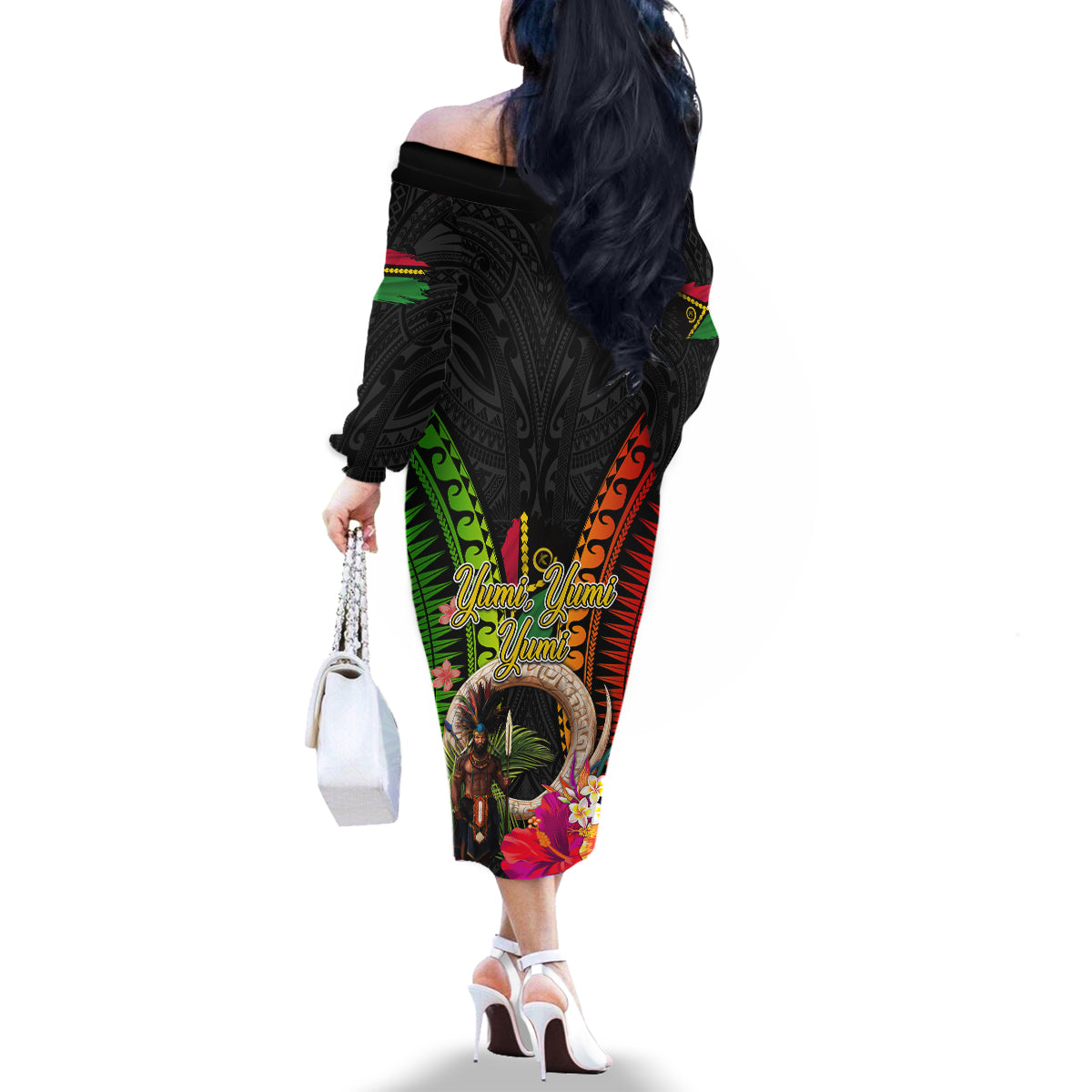 Vanuatu Independence Day Family Matching Off The Shoulder Long Sleeve Dress and Hawaiian Shirt Boars Tusk and Melanesian Warrior Indipendens Dei LT03 - Polynesian Pride