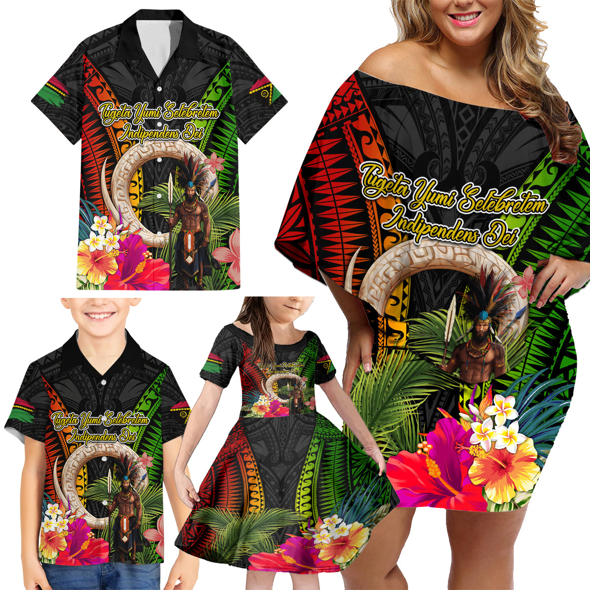 Vanuatu Independence Day Family Matching Off Shoulder Short Dress and Hawaiian Shirt Boars Tusk and Melanesian Warrior Indipendens Dei LT03 - Polynesian Pride