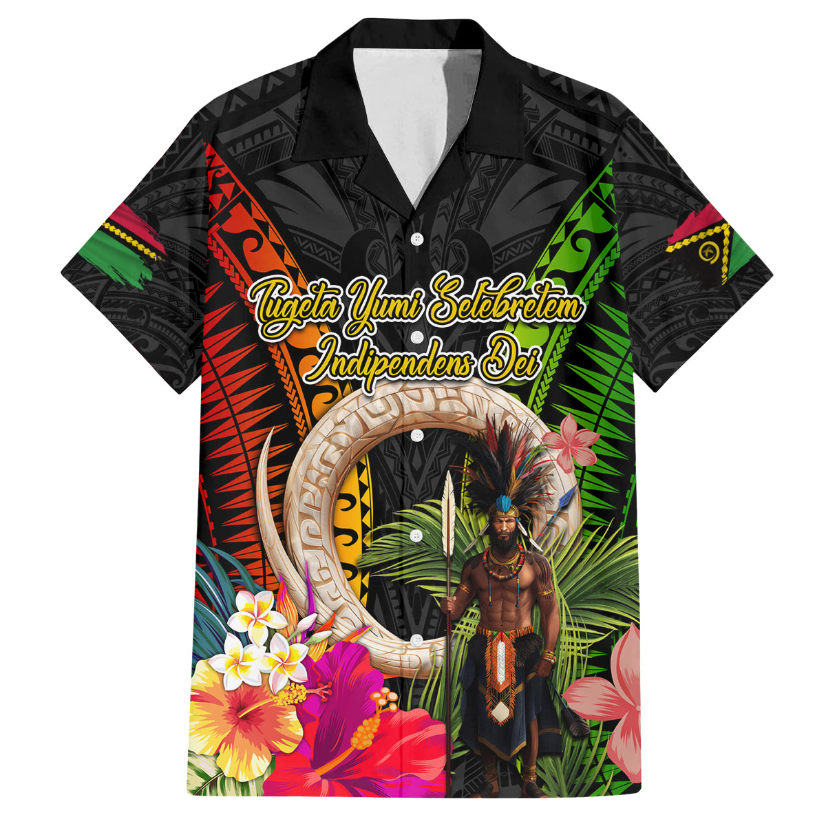 Vanuatu Independence Day Family Matching Off Shoulder Short Dress and Hawaiian Shirt Boars Tusk and Melanesian Warrior Indipendens Dei LT03 Dad's Shirt - Short Sleeve Black - Polynesian Pride