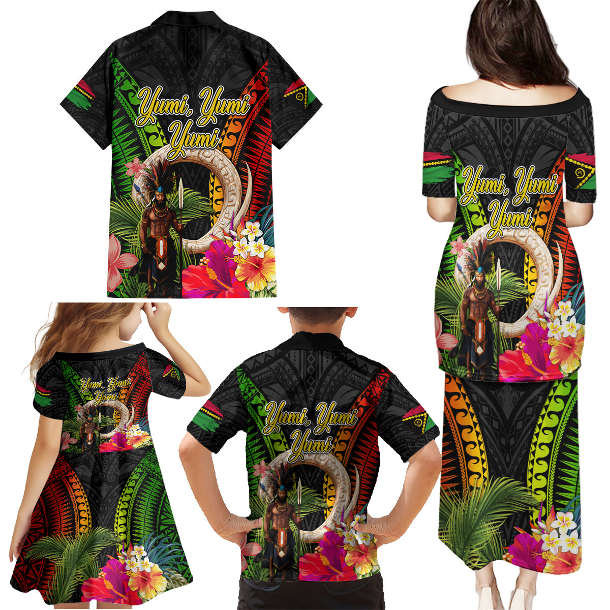 Vanuatu Independence Day Family Matching Puletasi and Hawaiian Shirt Boars Tusk and Melanesian Warrior Indipendens Dei LT03 - Polynesian Pride