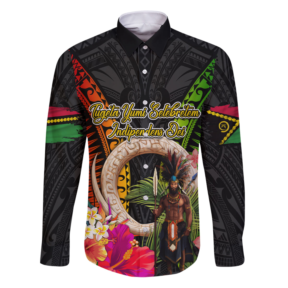 Vanuatu Independence Day Family Matching Puletasi and Hawaiian Shirt Boars Tusk and Melanesian Warrior Indipendens Dei LT03 Dad's Shirt - Long Sleeve Black - Polynesian Pride