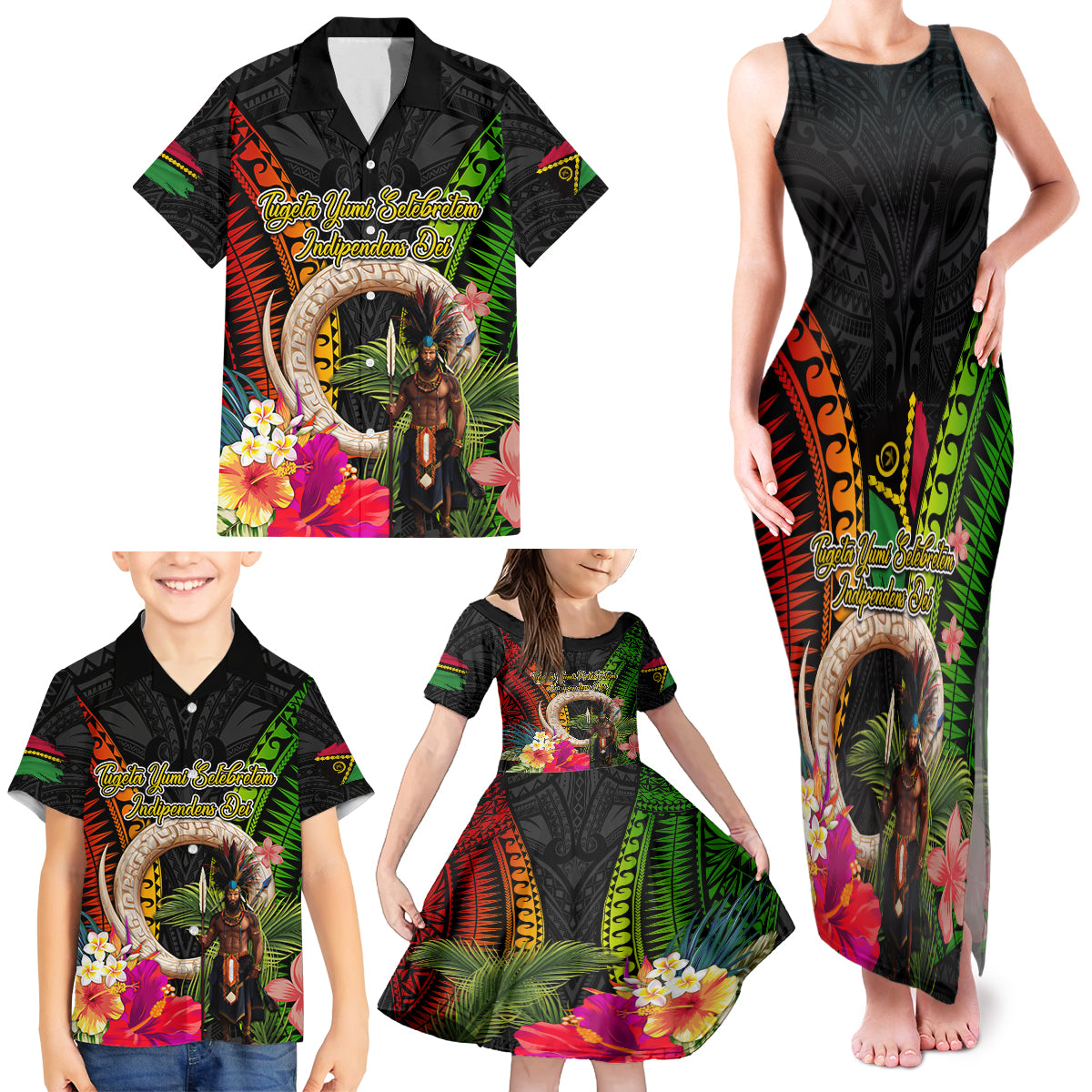 Vanuatu Independence Day Family Matching Tank Maxi Dress and Hawaiian Shirt Boars Tusk and Melanesian Warrior Indipendens Dei LT03 - Polynesian Pride