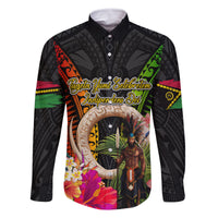 Vanuatu Independence Day Family Matching Tank Maxi Dress and Hawaiian Shirt Boars Tusk and Melanesian Warrior Indipendens Dei LT03 Dad's Shirt - Long Sleeve Black - Polynesian Pride