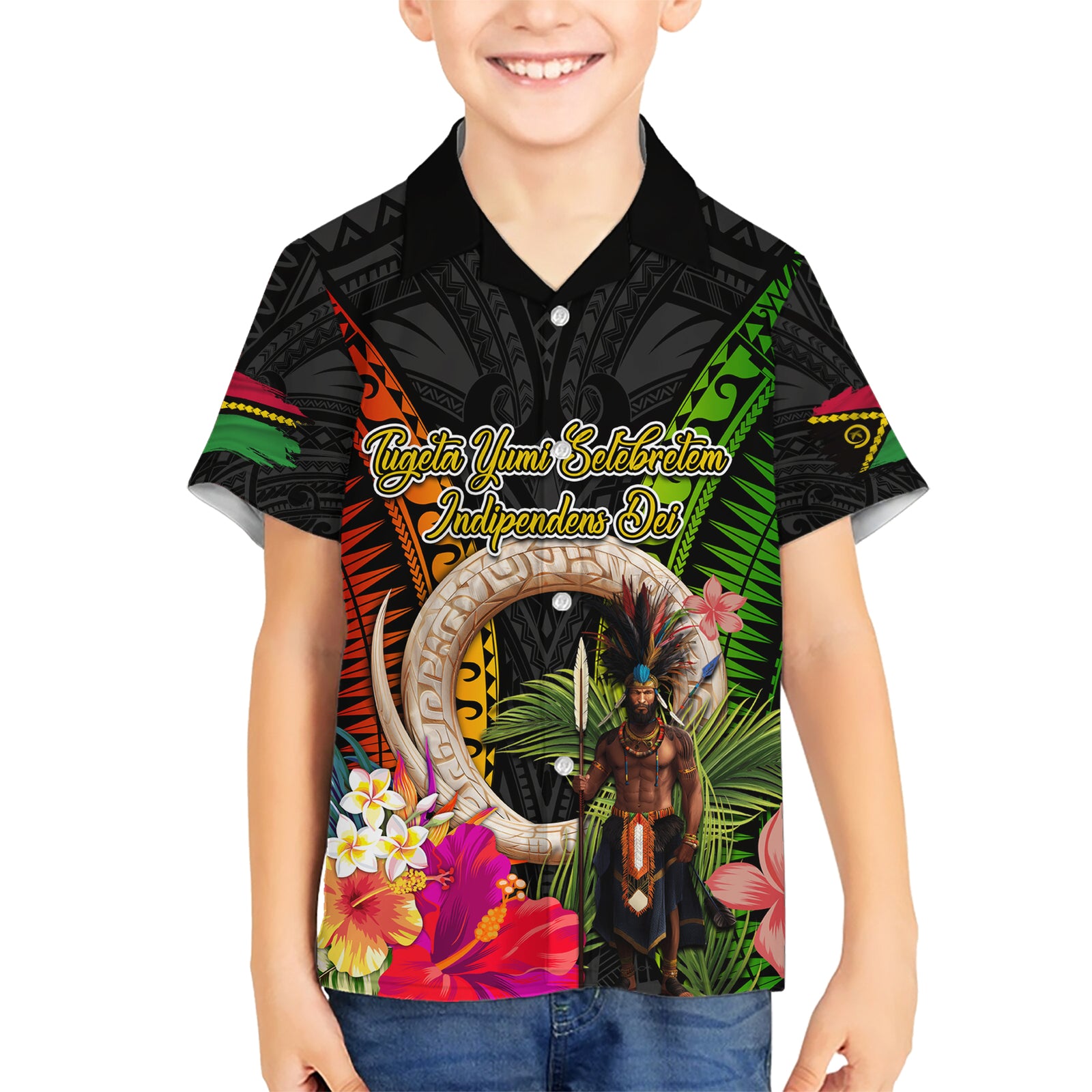 Vanuatu Independence Day Kid Hawaiian Shirt Boars Tusk and Melanesian Warrior Indipendens Dei