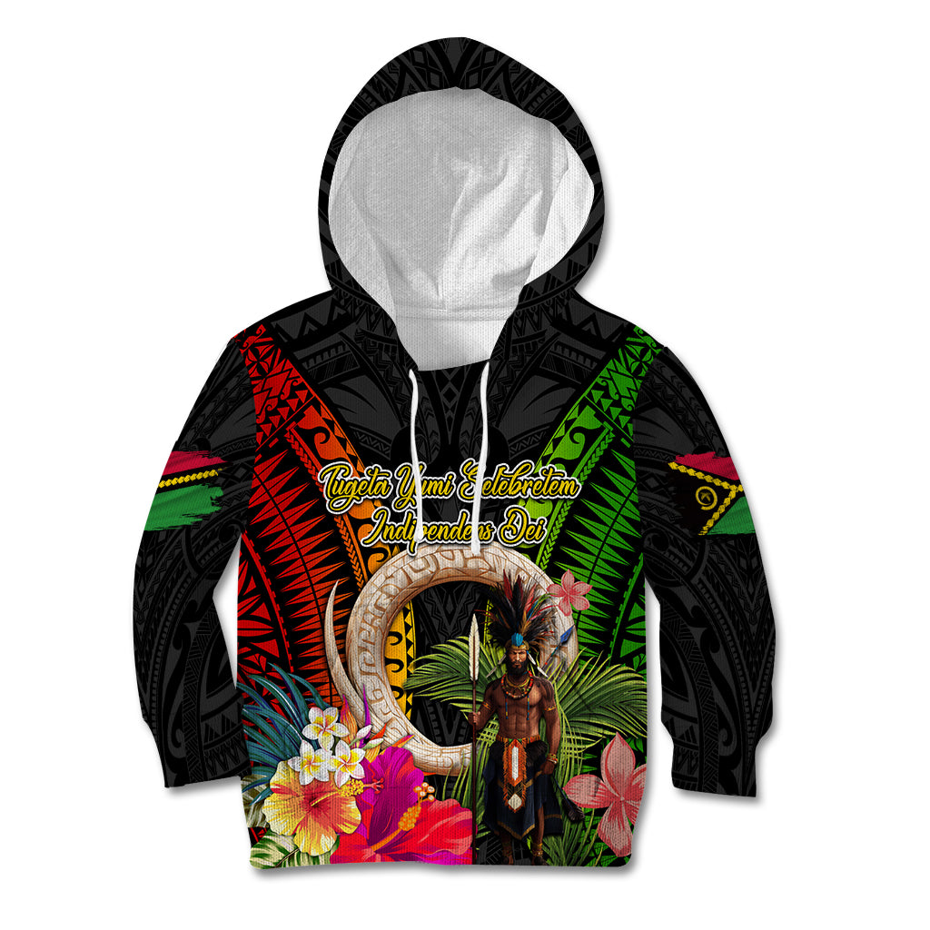 Vanuatu Independence Day Kid Hoodie Boars Tusk and Melanesian Warrior Indipendens Dei