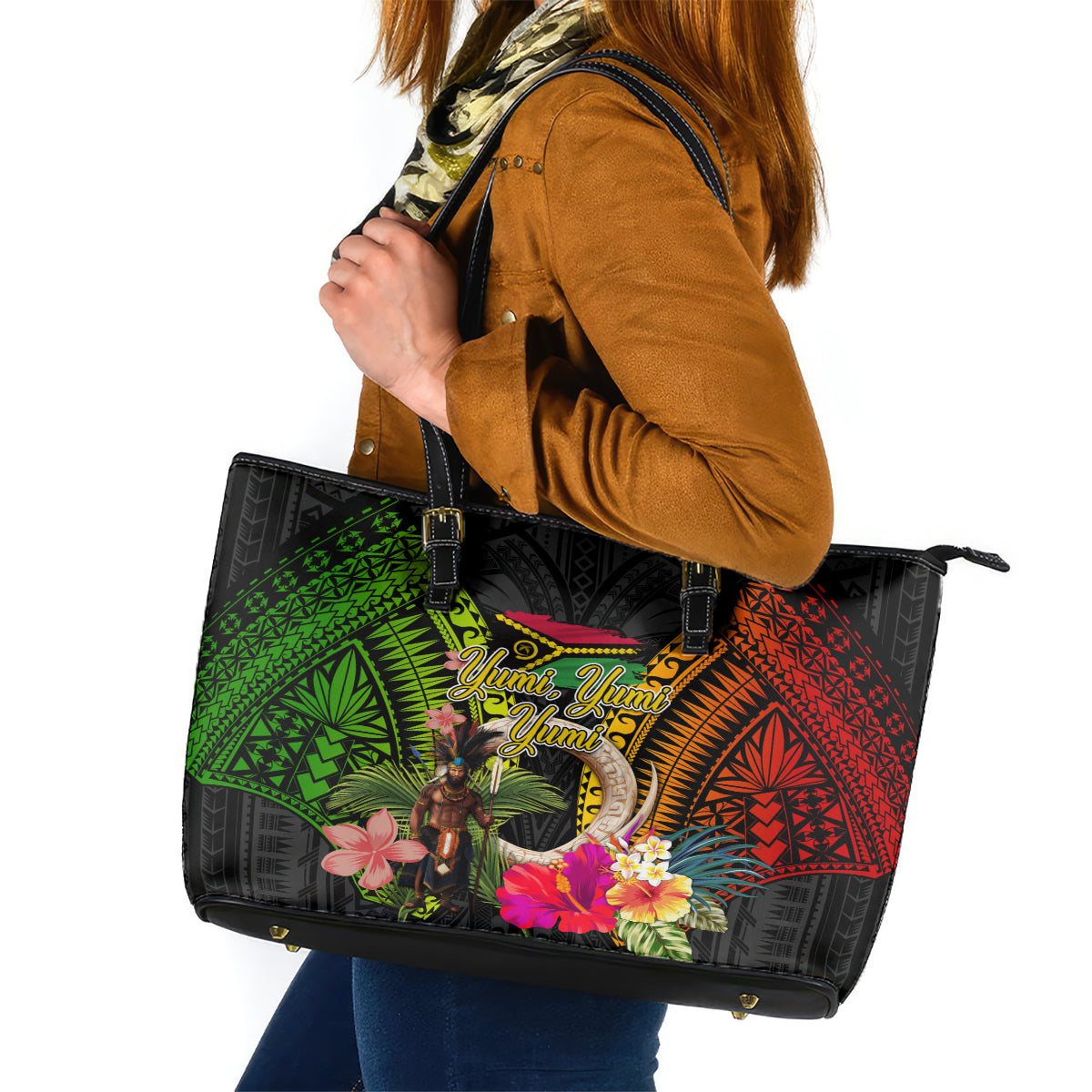 Vanuatu Independence Day Leather Tote Bag Boars Tusk and Melanesian Warrior Indipendens Dei LT03 Black - Polynesian Pride
