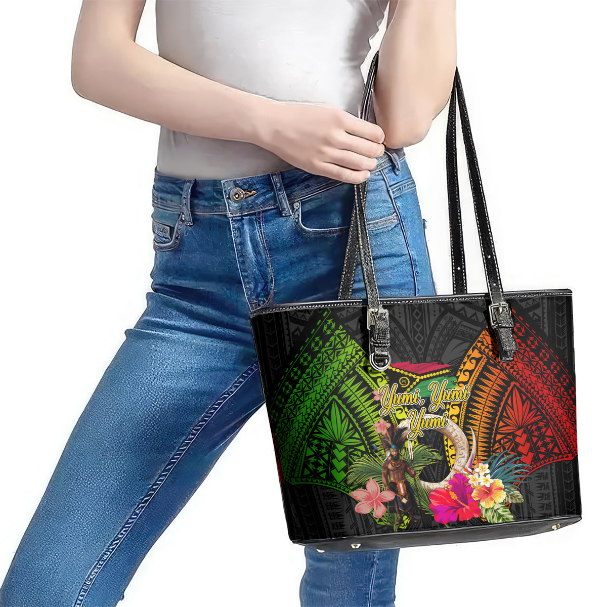 Vanuatu Independence Day Leather Tote Bag Boars Tusk and Melanesian Warrior Indipendens Dei LT03 - Polynesian Pride