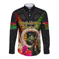 Vanuatu Independence Day Long Sleeve Button Shirt Boars Tusk and Melanesian Warrior Indipendens Dei