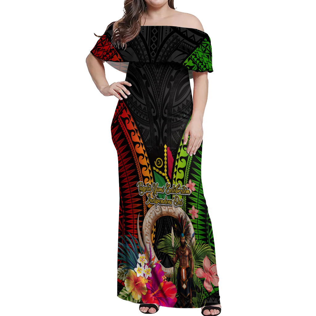 Vanuatu Independence Day Off Shoulder Maxi Dress Boars Tusk and Melanesian Warrior Indipendens Dei