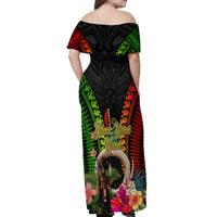 Vanuatu Independence Day Off Shoulder Maxi Dress Boars Tusk and Melanesian Warrior Indipendens Dei