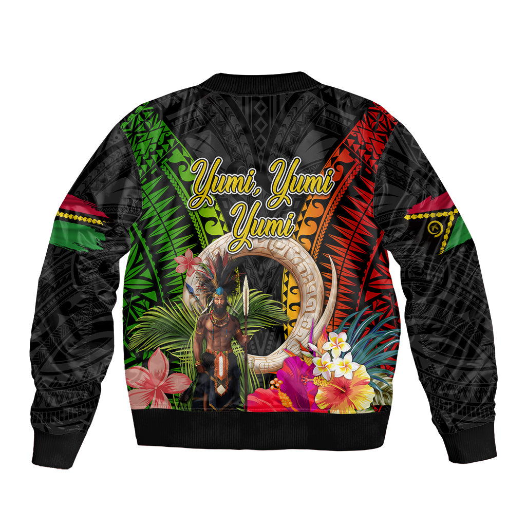 Vanuatu Independence Day Sleeve Zip Bomber Jacket Boars Tusk and Melanesian Warrior Indipendens Dei