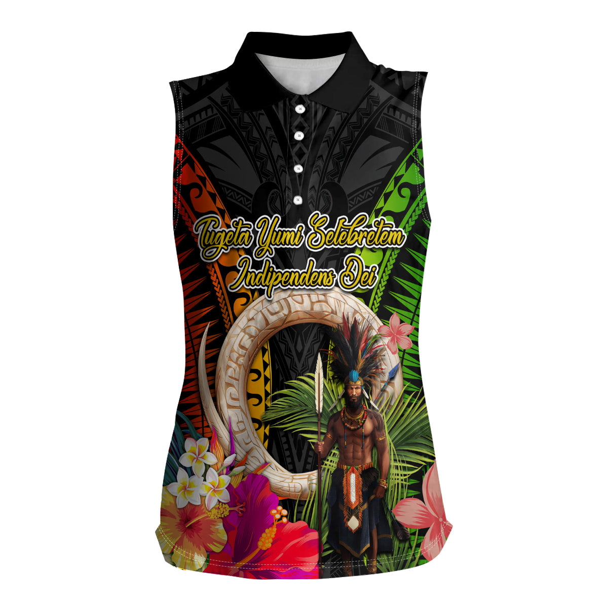 Vanuatu Independence Day Women Sleeveless Polo Shirt Boars Tusk and Melanesian Warrior Indipendens Dei