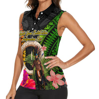Vanuatu Independence Day Women Sleeveless Polo Shirt Boars Tusk and Melanesian Warrior Indipendens Dei