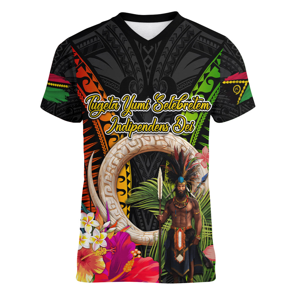 Vanuatu Independence Day Women V-Neck T-Shirt Boars Tusk and Melanesian Warrior Indipendens Dei