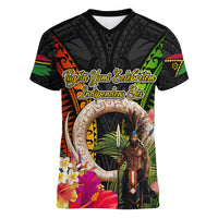 Vanuatu Independence Day Women V-Neck T-Shirt Boars Tusk and Melanesian Warrior Indipendens Dei