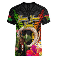 Vanuatu Independence Day Women V-Neck T-Shirt Boars Tusk and Melanesian Warrior Indipendens Dei