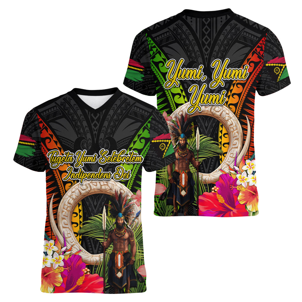 Vanuatu Independence Day Women V-Neck T-Shirt Boars Tusk and Melanesian Warrior Indipendens Dei