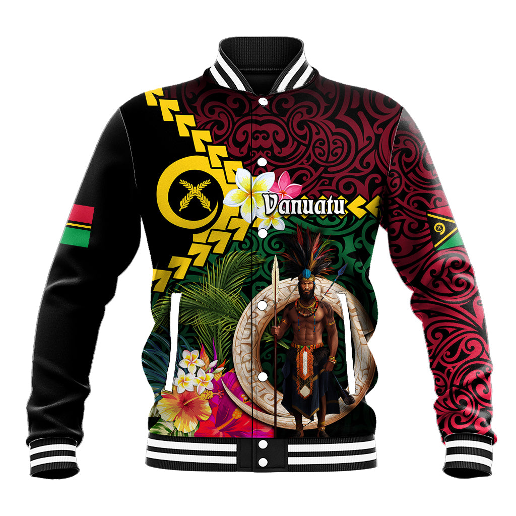 Vanuatu Indipendens Dei Baseball Jacket Boars Tusk and Melanesian Warrior Hibiscus