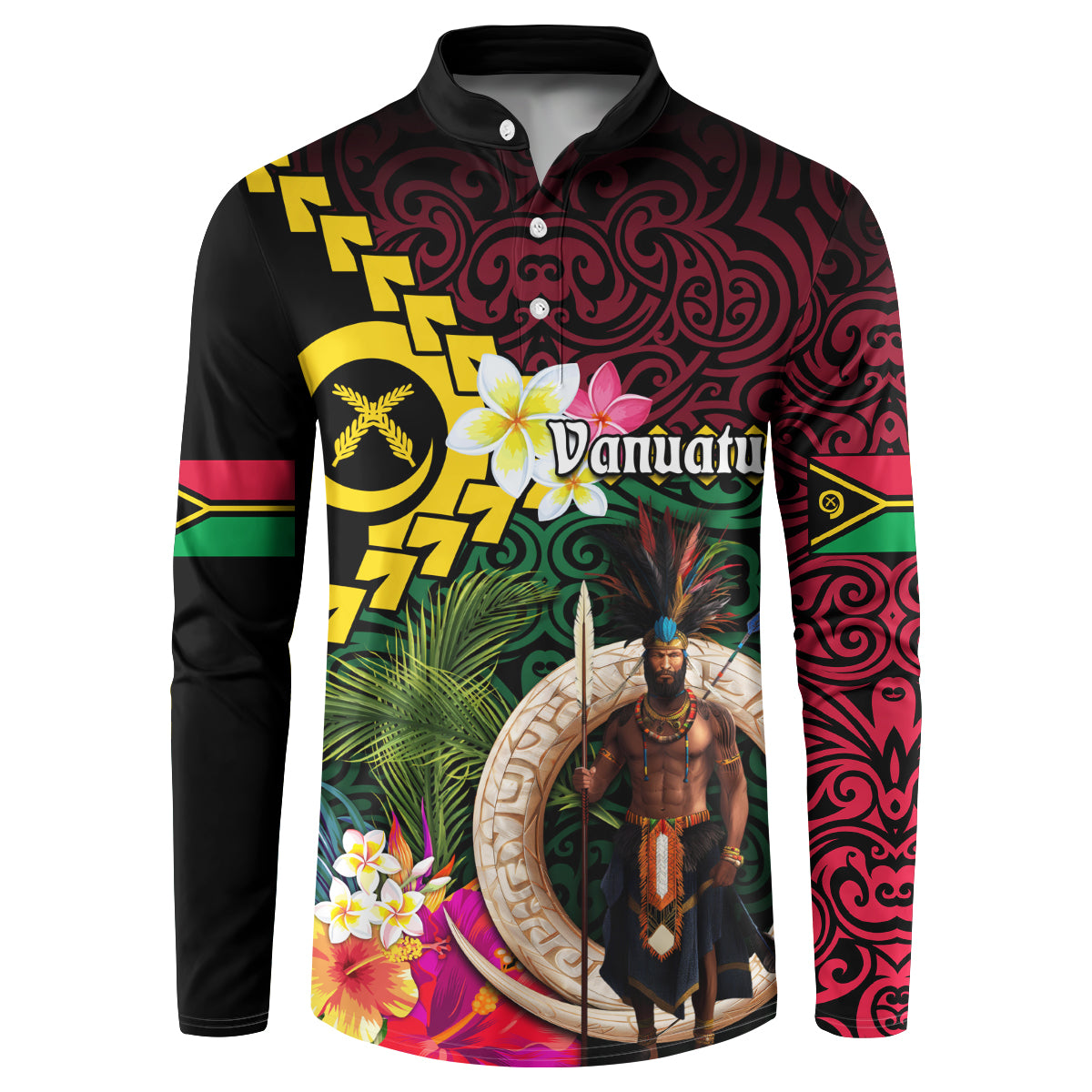 Vanuatu Indipendens Dei Button Sweatshirt Boars Tusk and Melanesian Warrior Hibiscus