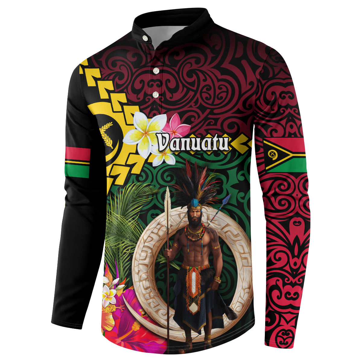 Vanuatu Indipendens Dei Button Sweatshirt Boars Tusk and Melanesian Warrior Hibiscus