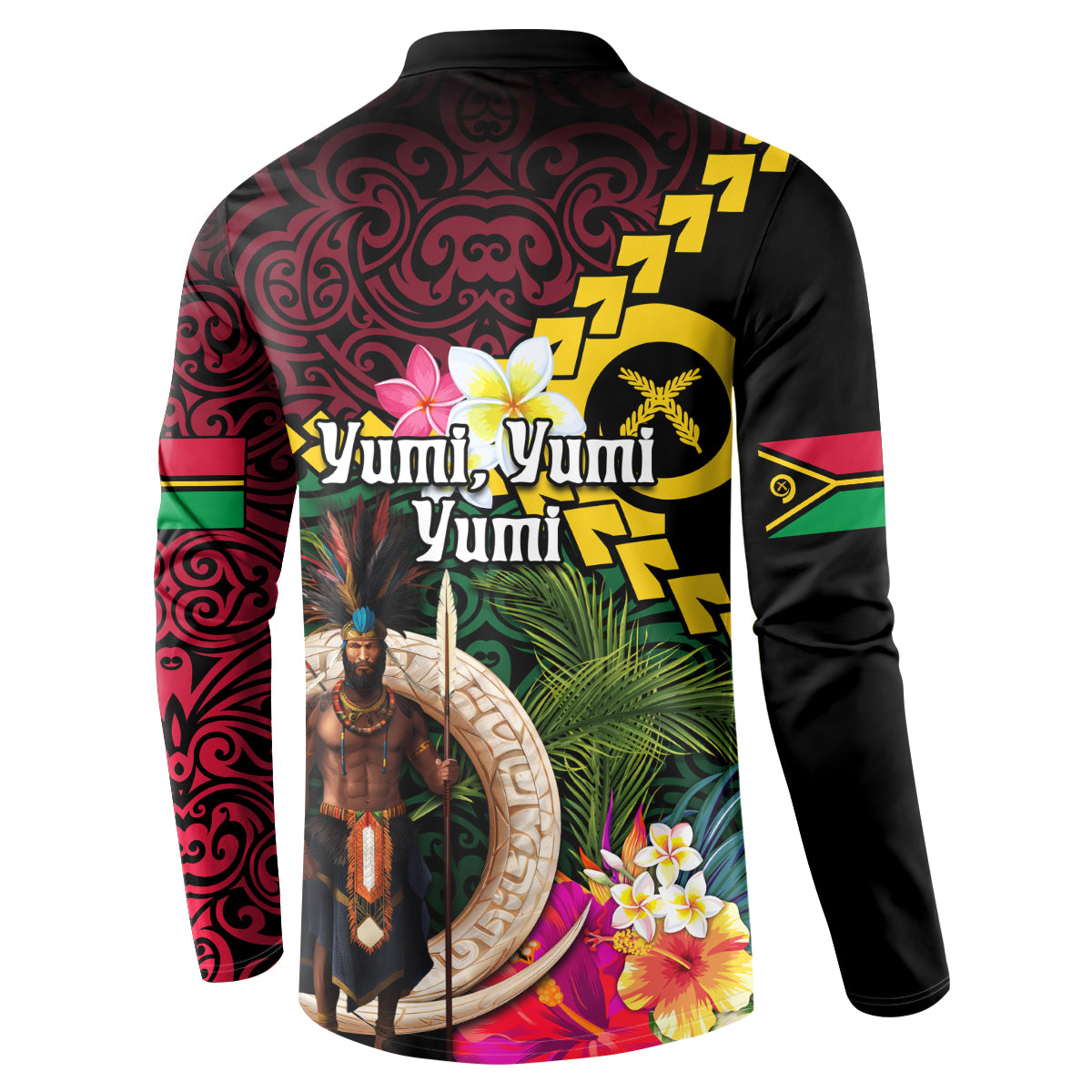 Vanuatu Indipendens Dei Button Sweatshirt Boars Tusk and Melanesian Warrior Hibiscus