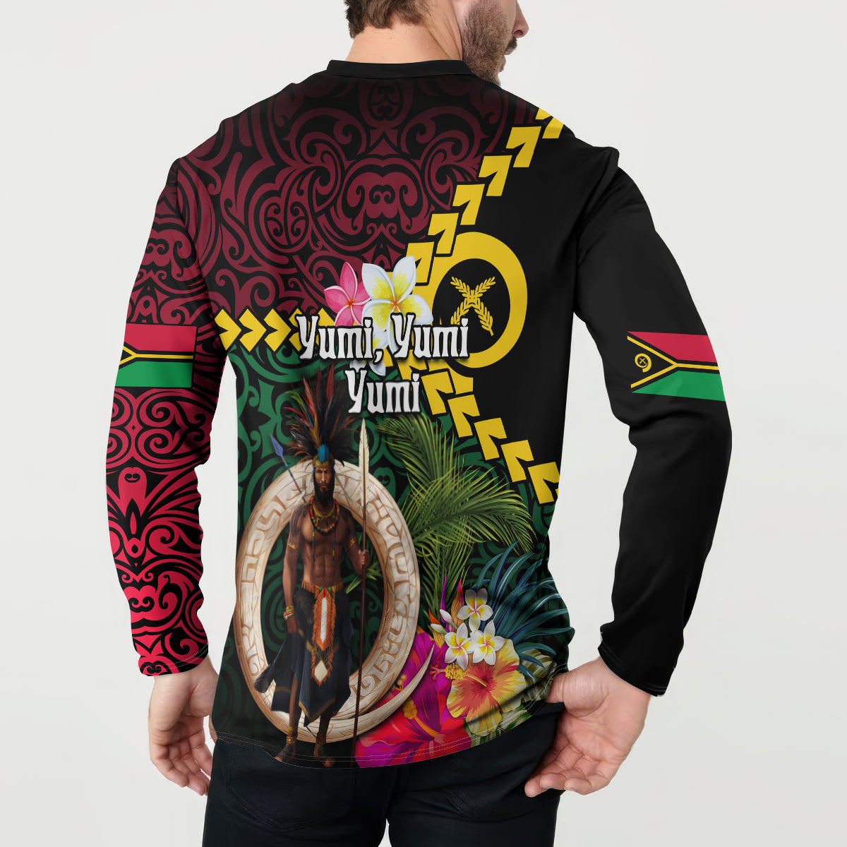 Vanuatu Indipendens Dei Button Sweatshirt Boars Tusk and Melanesian Warrior Hibiscus