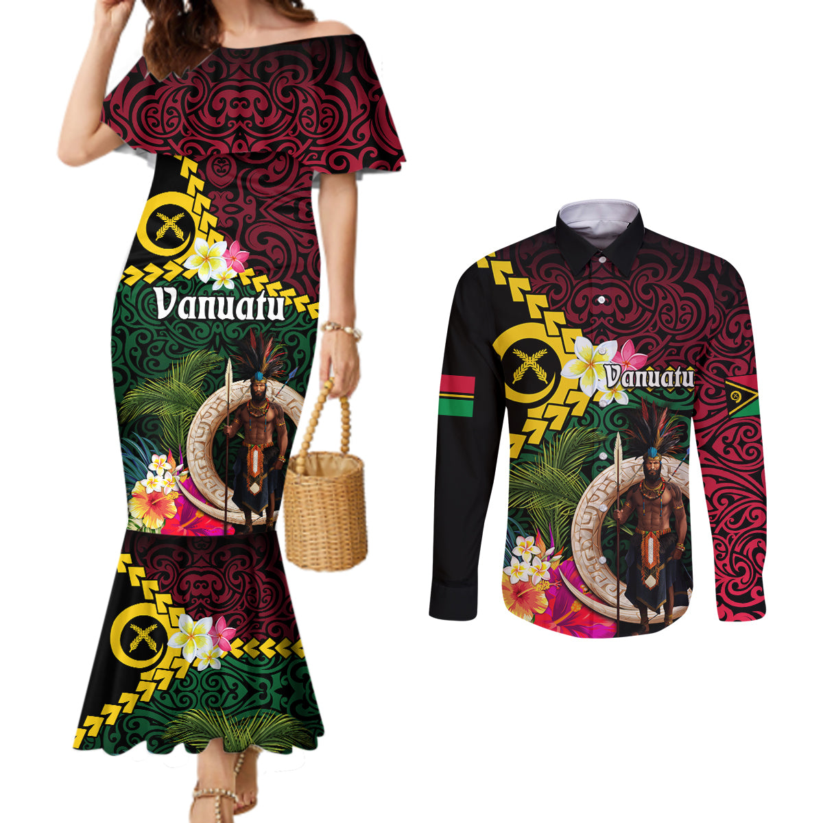 Vanuatu Indipendens Dei Couples Matching Mermaid Dress and Long Sleeve Button Shirt Boars Tusk and Melanesian Warrior Hibiscus
