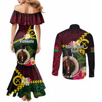 Vanuatu Indipendens Dei Couples Matching Mermaid Dress and Long Sleeve Button Shirt Boars Tusk and Melanesian Warrior Hibiscus