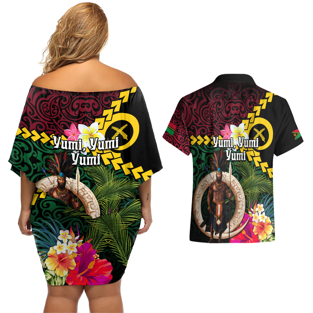 Vanuatu Indipendens Dei Couples Matching Off Shoulder Short Dress and Hawaiian Shirt Boars Tusk and Melanesian Warrior Hibiscus