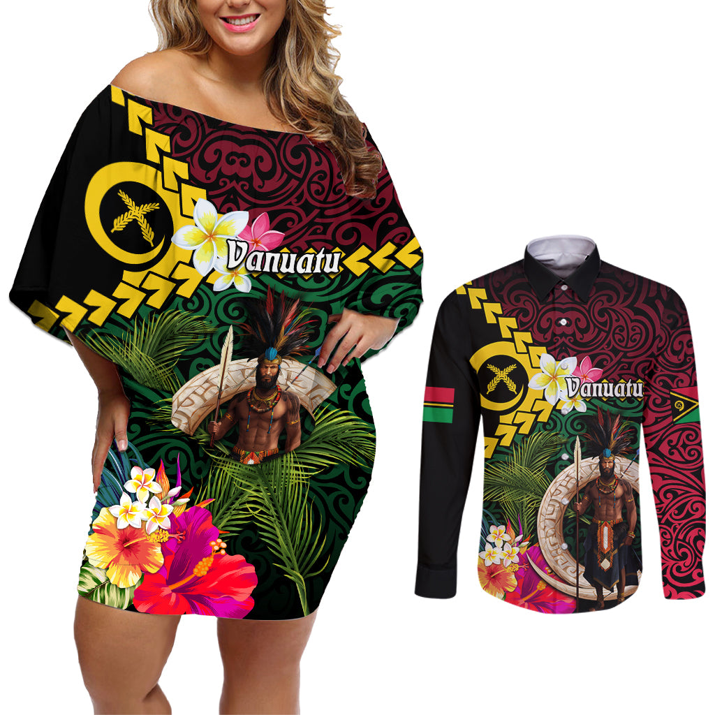 Vanuatu Indipendens Dei Couples Matching Off Shoulder Short Dress and Long Sleeve Button Shirt Boars Tusk and Melanesian Warrior Hibiscus