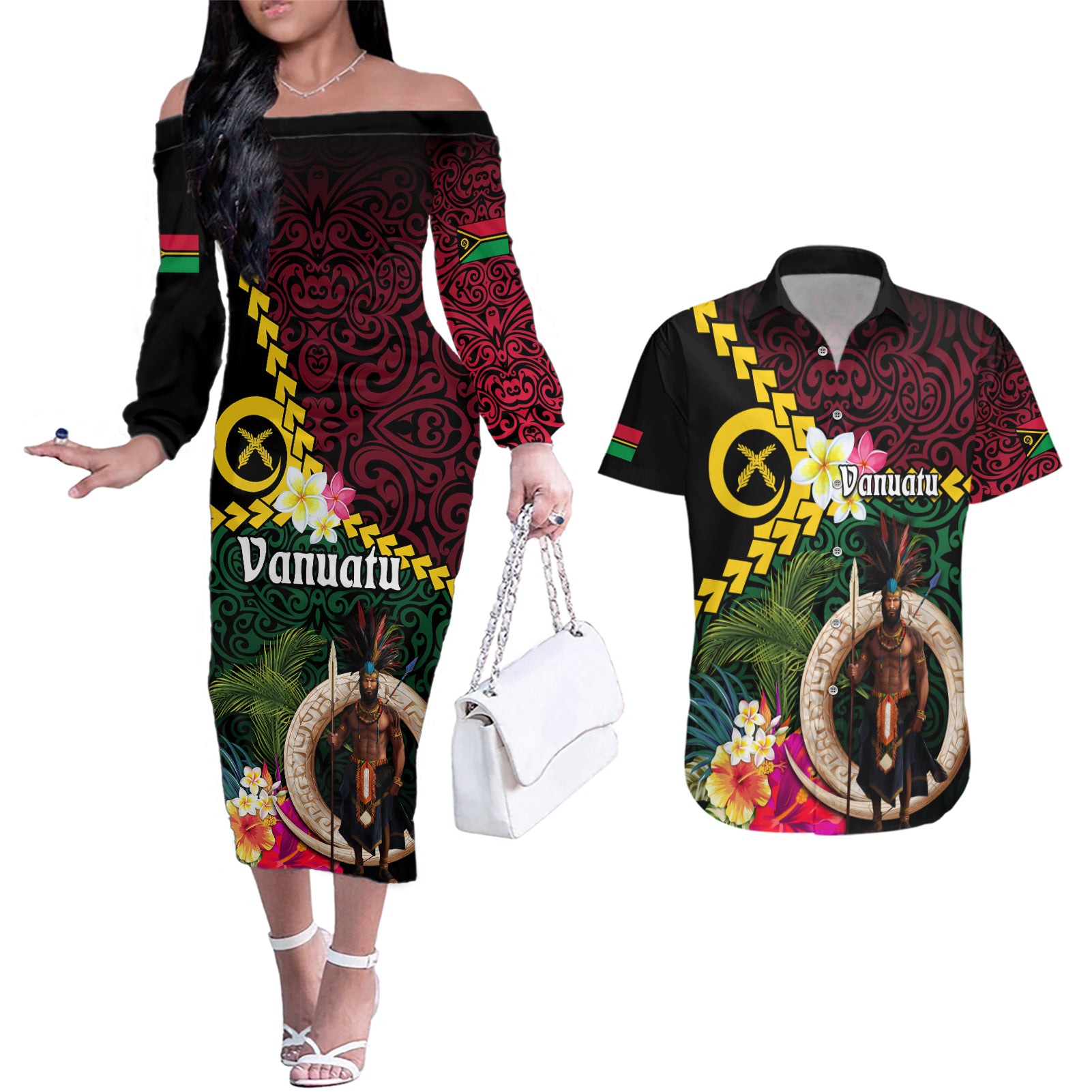 Vanuatu Indipendens Dei Couples Matching Off The Shoulder Long Sleeve Dress and Hawaiian Shirt Boars Tusk and Melanesian Warrior Hibiscus