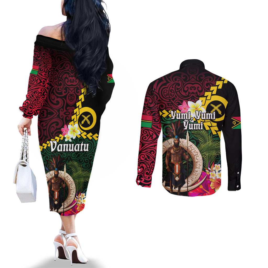 Vanuatu Indipendens Dei Couples Matching Off The Shoulder Long Sleeve Dress and Long Sleeve Button Shirt Boars Tusk and Melanesian Warrior Hibiscus