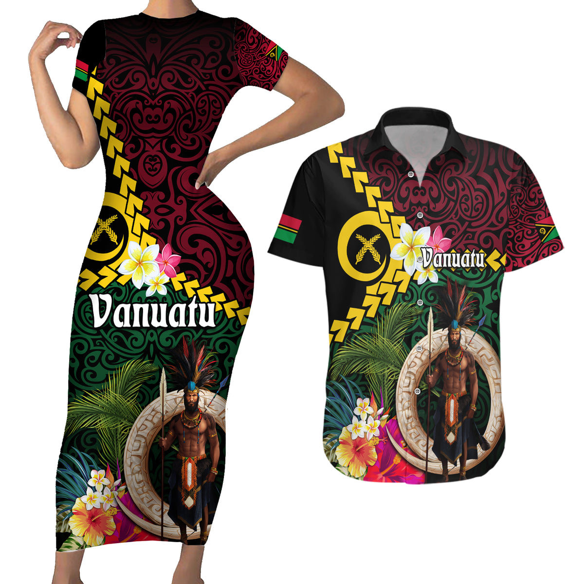 Vanuatu Indipendens Dei Couples Matching Short Sleeve Bodycon Dress and Hawaiian Shirt Boars Tusk and Melanesian Warrior Hibiscus LT03 Black - Polynesian Pride